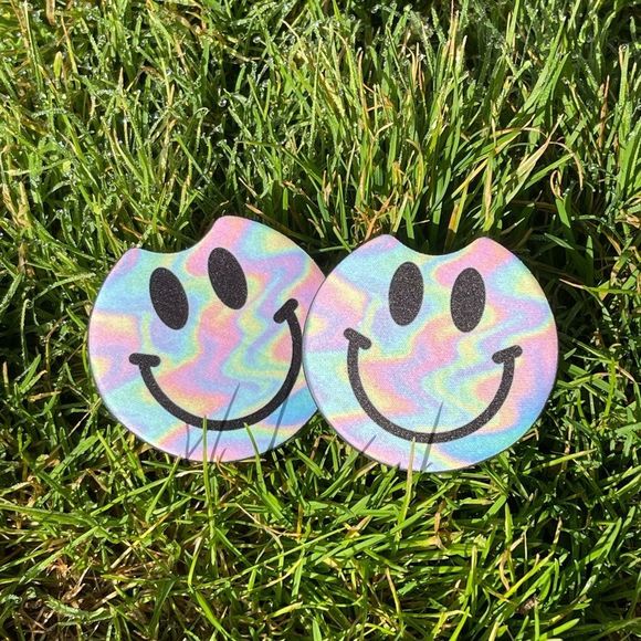 Rainbow Holographic Smiley Face Car Coaster Set | Car Access - Picture 5 of 12
